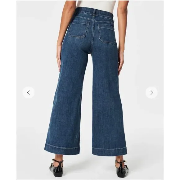 SPANX High Rise Cropped Wide Leg Jeans Medium Wash Size Large - Picture 3 of 11